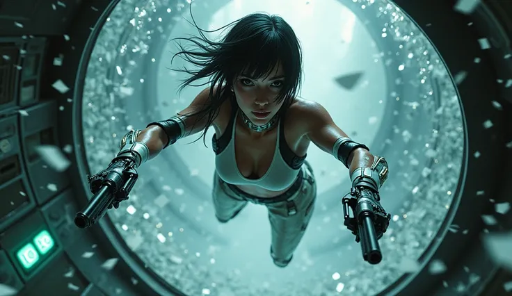 ghost in the shell inspired sexy cybernetic female heroine diving through a glass window towards the camera, gun gripped in each hand ,(human hands), shards of glass flying everywhere, best quality, dramatic lighting and futuristic atmosphere, legs bent at...