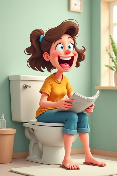 Mom sitting on the toilet with an excited face 