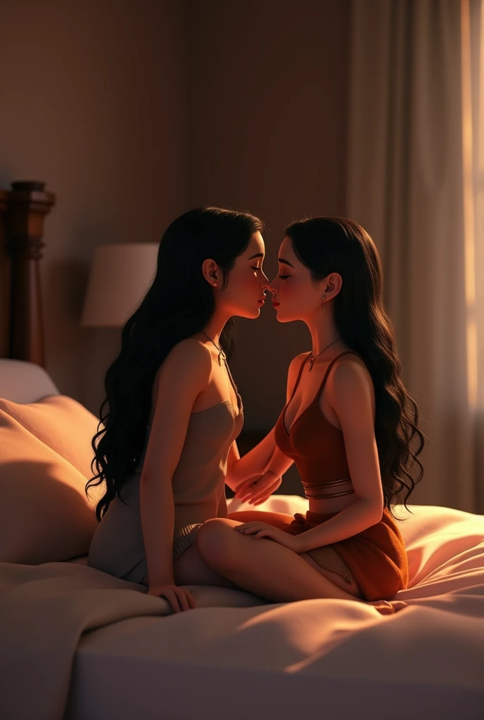 Pocahontas and her boyfriend kissing in the bedroom Pocahontas on her lap In 3D animation 