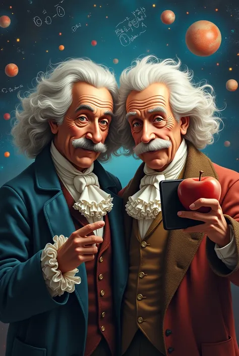 Newton and Einstein taking selfie 