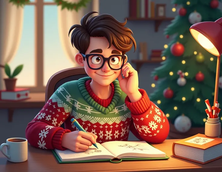 Create a male character writing something in his notebook wearing glasses and Christmas clothes. cartoon style