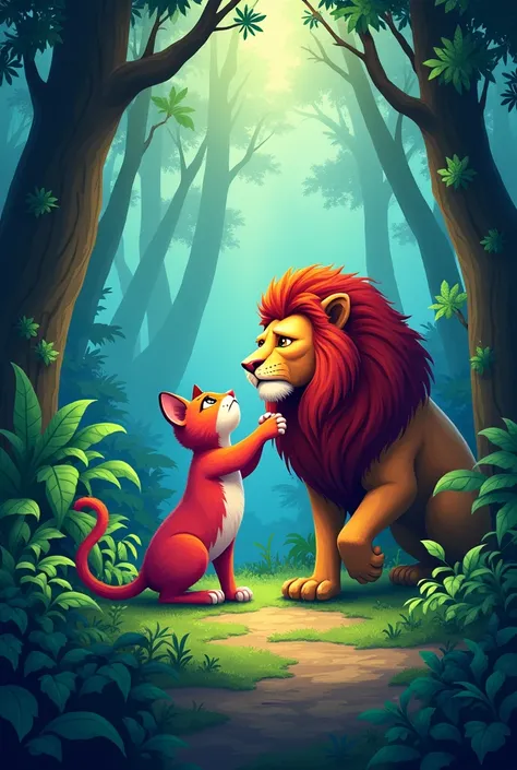 A stylized cat in the form of a drawing, with bright and vibrant colors, is in a dense, wild jungle. The surroundings are a lush forest, with green plants and bushes in the background. Next to the cat, there is a majestic lion with a magnificent mane, both...