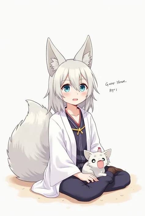 anime character sitting on the ground with a cat on his lap, an anime drawing by Nōami, pixiv, furry art, white - haired fox, white fox anime, kemono, fox nobushi, kitsune, kitsune three - tailed fox, from arknights, ryuu, white fox, onmyoji, genshin, thre...