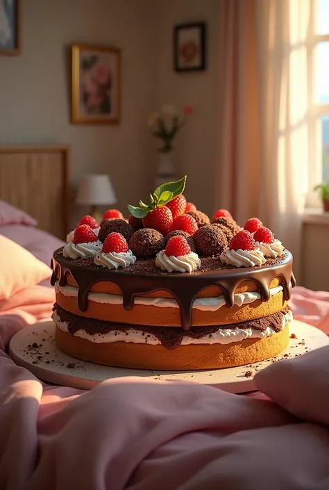 A colorful, big and real cake in a bedroom with chocolate on it: Yahya Aisha  