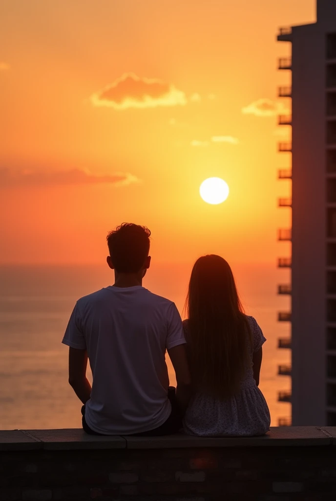  boy and girl , Watch the sunset,  they are husbands & wife,  cm apart, On the roof, Tall Building, by the sea 