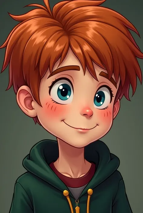 a close up of a cartoon of a boy with a smile, red haired teen boy, character portrait of me, lofi portrait, drawn in the style of mark arian, portrait of ((mischievous)), inspired by Jamie Hewlett, drawn with photoshop, character concept portrait of me, r...