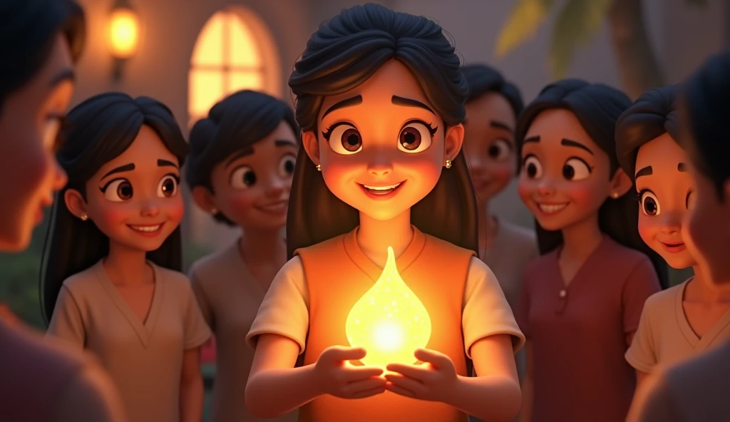 Zoni smiled and said, This lamp is not just for me, but for everyone who needs its light. Together, we can make this village a place of joy and kindness."
Prompt: Zoni speaks with a warm smile, the golden lamp glowing brightly in her hands. The family look...