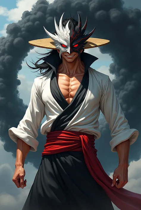  create the image of a character in the art style of the realistic 2D arcane series  (The drawing has to be in 2D only ), He is a man, swordsman,  his body is strong and his hair is half black half short and spiky ,  your expression is calm and confident w...