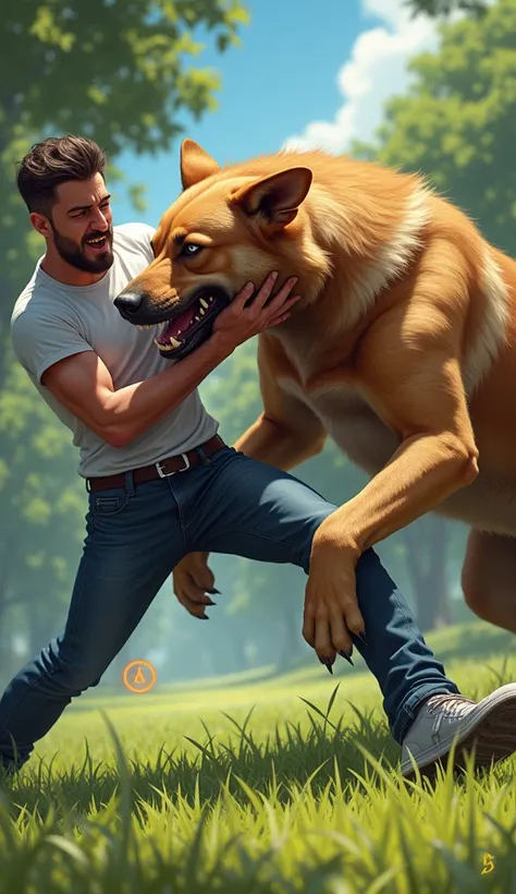 A vivid illustration of a large dog biting a mans leg, with sharp teeth gripping firmly on the calf. The man is wearing casual clothing, visibly wincing and shouting in pain, as his body language reflects intense discomfort. A faint visual indicator, like ...