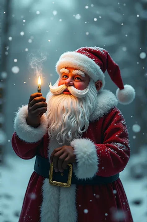  Make an image of a Santa Claus with a silver cord, smoking with a cigarette in his hand and snow falling 