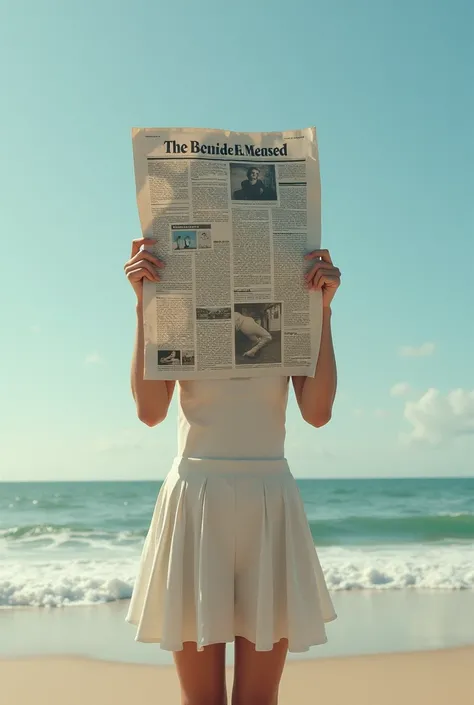 Woman with newspaper on the beach covering her body 