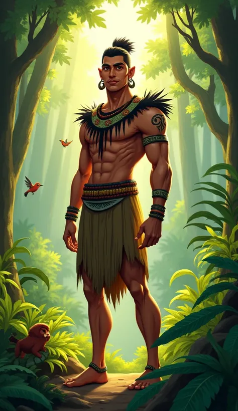 Brazilian warrior Indian in the forest, without earrings, thin, PIXAR style drawing