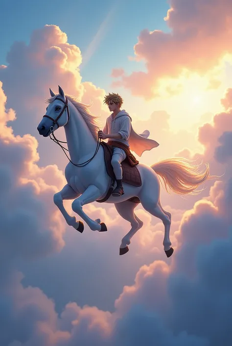 Trevor riding a horse on the clouds