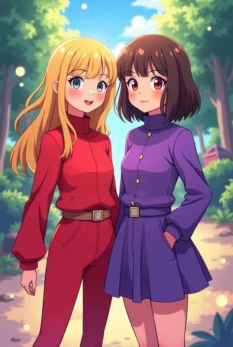  Make a cover for a book about two best friends, one blonde with gray eyes in red, and another brown-eyed brunette walks in purple in anime style 