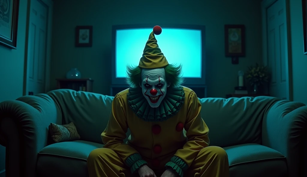  A scary clown with green hair , Red ball nose ,  and a yellow and green pine hat,  with sick white skin ,  sharp teeth and completely black eyes ,  sitting on a sofa in a dark room illuminated only by the blue glow of a turned on television.."The environm...