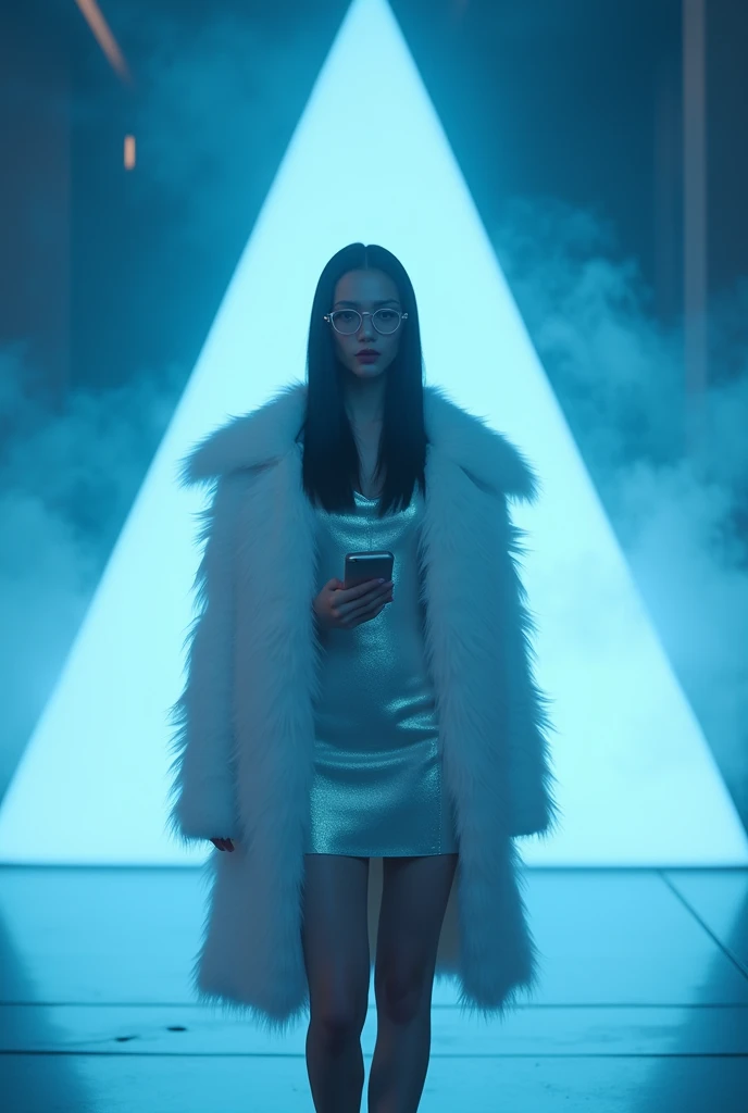  A white woman with straight black hair stands on a futuristic stage, illuminated by dramatic blue lighting that creates a mystical atmosphere. The woman is holding a cell phone and a white furry coat, wearing a silver dress, and glasses reflecting the sof...