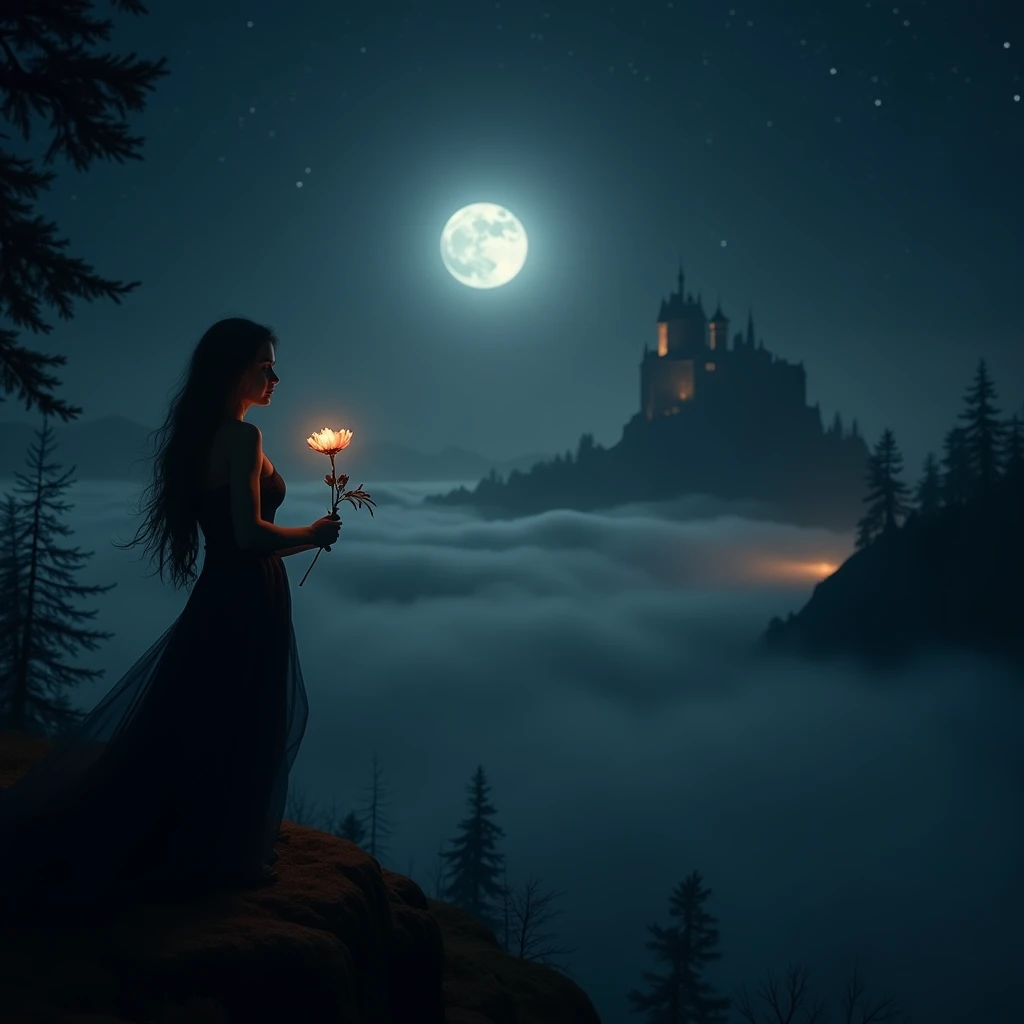 A hauntingly beautiful, mystical scene at night with a glowing full moon casting silver light over a dark, foggy landscape. In the foreground, a lone figure stands on a rocky cliff, gazing into the distance. Their silhouette is illuminated by the ethereal ...