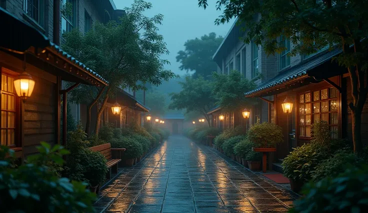 CREATE A COZY CITY GARDEN, NO CAR PASSING BY, AFTER HEAVY RAIN, MIDNIGHT, WET STREET, WITH LITTLE CINEMATIC LIGHT, A COZY CLOUDY ATMOSPHERE, BESIDE TWO BIG VALLEYS, DARK NIGHT BACKGROUND, SLEEPY MOOD, HIGHLY FOCUS, SHARP PICTURE, ULTRA DETAILED, 4K