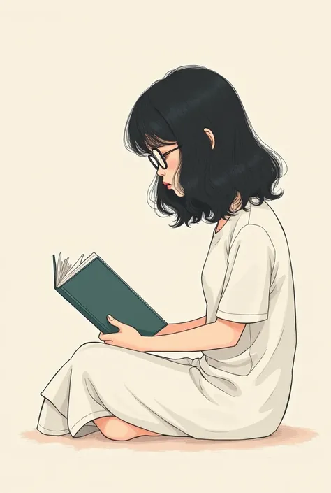 pretty girl,  tender with medium wavy hair with a fair complexion and black hair wearing lenses,  sitting and full body reading a book , Make it a basic drawing with no background 

