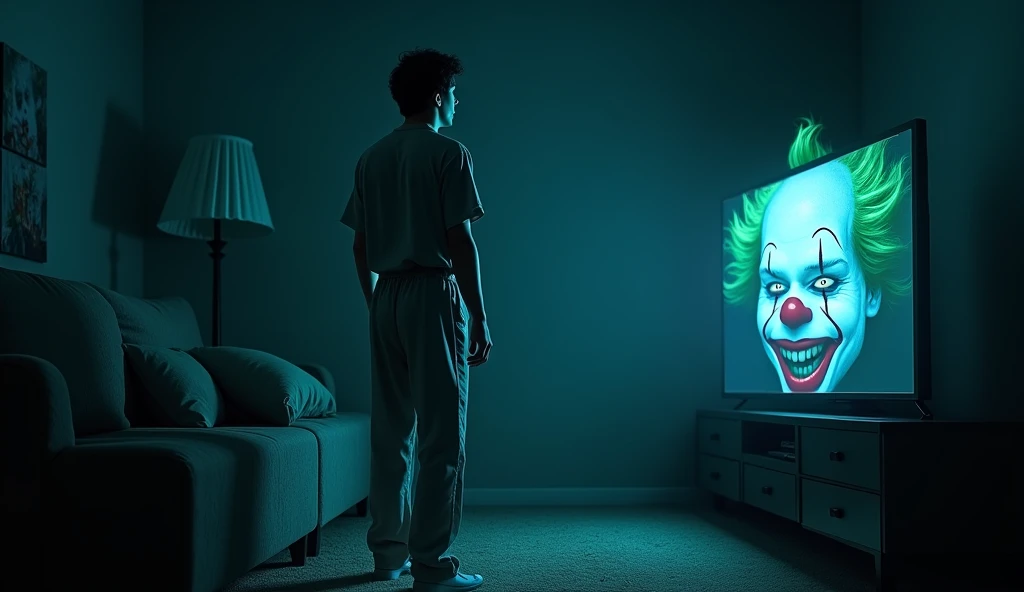  An adult man in pajamas ,  standing in a dark room and watching in horror at a clown of unnatural proportions who gets up from the couch.  The blue light of the television illuminates the cartoon clown,  revealing his wide and macabre smile , and his mess...