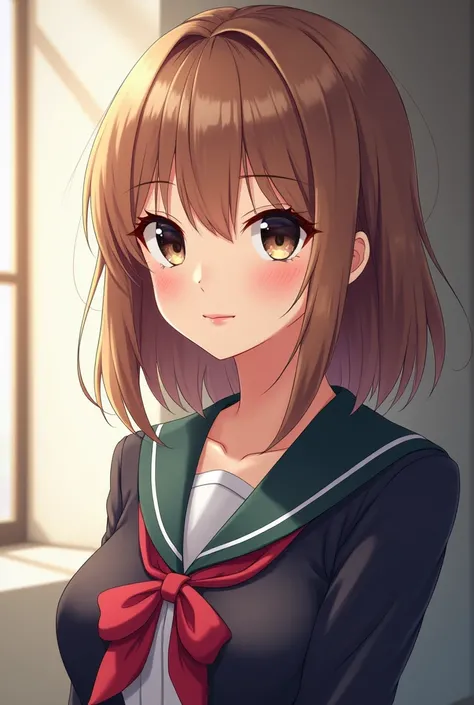  A beautiful woman ,  with short shoulder-length hair , in the style of an anime ,  her body defined as thin but with medium breasts ,  her light brown hair as well as her eyes wearing black lenses, your clothing that is a school uniform and that smiles 