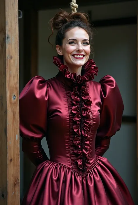 (realistic photograph close up sideways), (a pleased beautiful Caucasian lady with (messy hair bun), she is wearing (an elaborate iriscedent burgundy silk gown with (long gigantic pouf sleeves), (and with an ultra high tight stand-up collar up to her cheek...