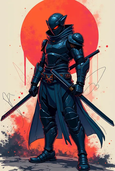 colorful sketch drawing, simple lines, Dark-colored futuristic cyber samurai katana