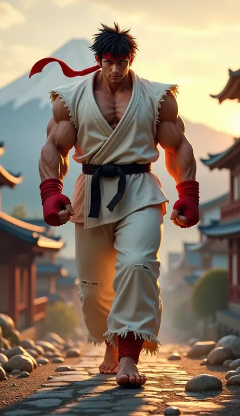 "Hyperrealistic Ryu from Street Fighter 2, walking confidently on a rocky path. He has a powerful, athletic build with broad shoulders, a defined chest, muscular arms, and strong legs. Hands are wrapped in red bandages (no boxing gloves), and his feet are ...