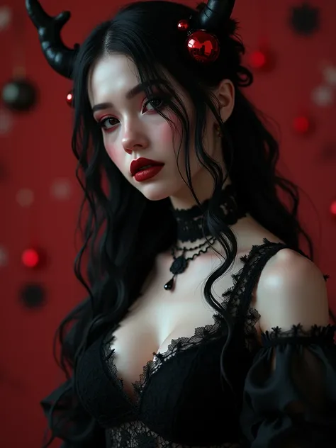 a goth girl with pale skin, dark makeup, black lace dress, Christmas ornament hair accessory, (best quality,4k,8k,highres,masterpiece:1.2),ultra-detailed,(realistic,photorealistic,photo-realistic:1.37),detailed eyes and face, large round natural breasts, m...