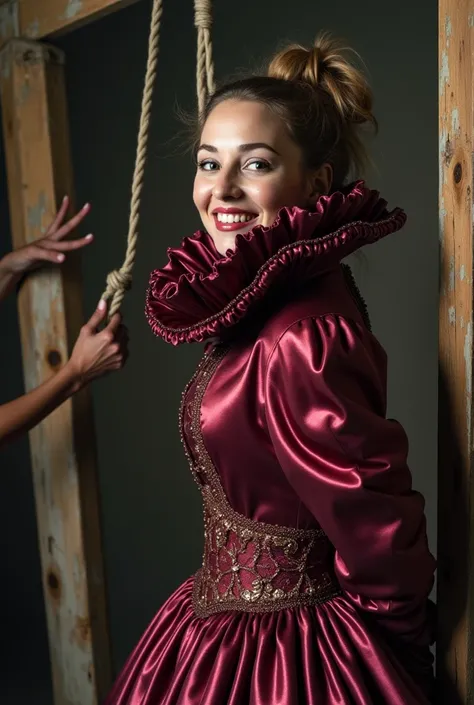 (realistic photograph close up sideways), (a pleased beautiful Caucasian lady with (messy hair bun), she is wearing (an elaborate iriscedent burgundy silk gown with (long gigantic pouf sleeves), (and with an ultra high tight stand-up collar up to her cheek...