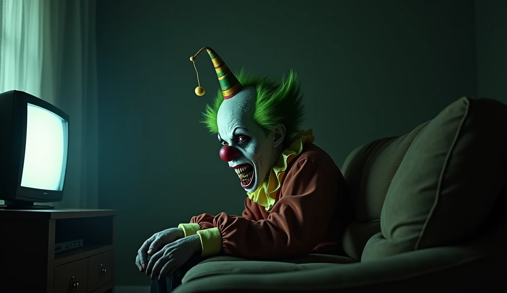 A scary clown with green hair , Red ball nose ,  and a yellow and green pine hat,  with sick white skin ,  sharp teeth and completely black eyes ,  sitting on a couch looking at the TV in a dark room.."The environment is dark and you can barely see the clo...