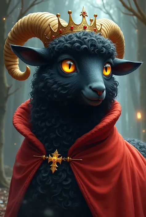 Draw a picture of a black, cibik-style sheep with golden eyes with cat irises with crown and red poncho