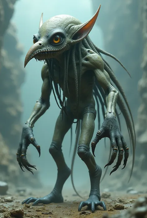 Imagine a new species that has a retractable beak like a squid, 2 mandibles on its mouth,  human-like skin, 2 flexible tentacle arms with an eye at each end, 4 limbs that have fused into 2 legs