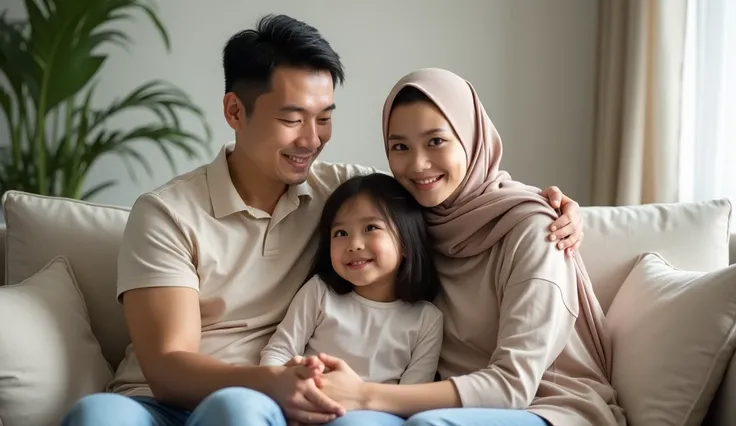 NSFW, (30 year old handsome young Asian man sitting on the sofa with his  beautiful daughter, and 25 year old beautiful woman wearing a hijab next to him), bright lighting, high brightness, realistic, full body photo, head to toe photo, in in the house, li...