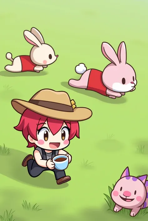  A human hat with red hair  and holding a cup of tea ,  a running rabbit is wearing a red vest and a cat lying in the grass is pink and has purple stripes, they are all cute cartoons 