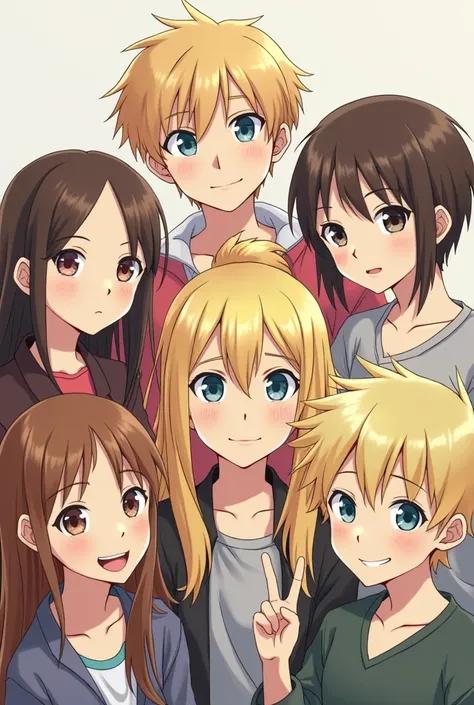  Take a picture of 2 brown-haired girls , a blonde girl ,  of a boy with short hair ,  an ugly boy with big nose ,  a pretty boy with blue eyes and blond hair and a boy with blond hair holding up 4 fingers 