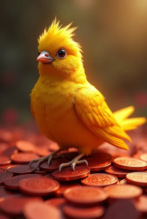 LETS DRAW A YELLOW BIRD WITH HEDGETO MONEY IN THE MIDDLE OF THE RED COIN. 