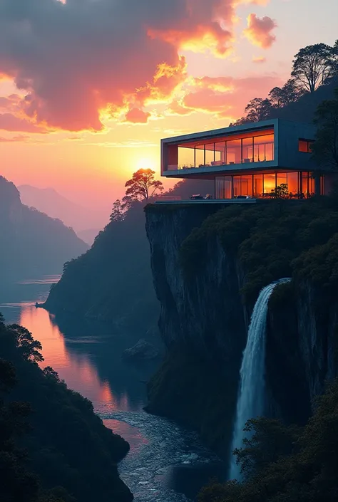 (((An amazing house))), (minimalism and brutalism style influence), (((with terraces))), (beautiful gardens), ((lake)), waterfall ((top of a samm hill)), (in edge of a river), sunset, big, deep and beautiful clouds, illustration format, cool and warm color...