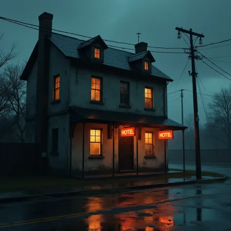 A small hotel on the street on a night of heavy rain, the dilapidated old building, with dim orange signs hanging above the door, the atmosphere is lonely and scary.