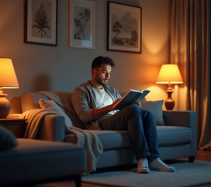 A man deeply focused and relaxed, sitting comfortably on a cozy sofa in his living room. The scene exudes a sense of calm and leisure, with warm lighting enhancing the ambiance. The man is casually dressed, holding a book or a cup of coffee, surrounded by ...