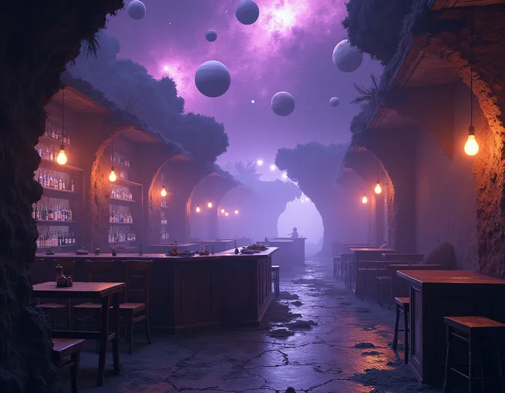 style semi réaliste : theme : Astronomy in the remains of a bar with ceiling in purple space