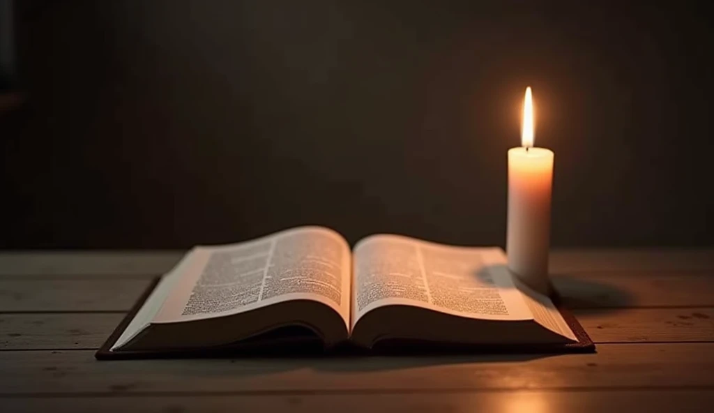  Candle burning on a table with an open Bible on the side ,  creating a sense of reflection and spiritual intimacy .  The candles soft light highlights prayer and connection with God, ideal for times of urgent prayer ."

