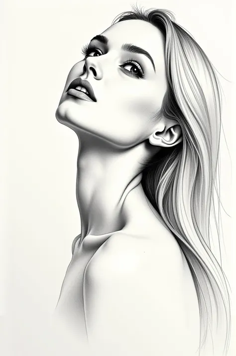  presenting expressive and fluid lines . The image highlights its beauty with smooth, graceful outlines.,  capturing your emotional gaze ,  shes looking up at the sky ,  expressing a sensual face .  The style is refined and artistic ,  emphasizing minimali...