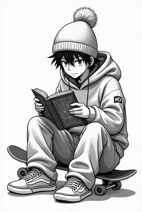 grafica per felpe realizzata in bianco e nero con un ragazzo 22 enne in stile anime ,come nei personaggi di Detective Conan o Naruto,vestito oversize,jeans larghi,vans,con il cappellino invernale senza ponpon,fermo seduto sullo skate e ha gli auricolari me...