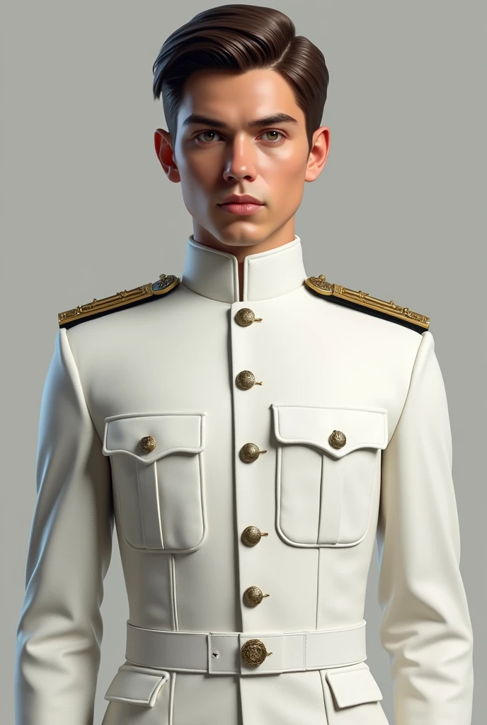 star wars emperor young european brown short hair dressed as a Commander in White, all body photo