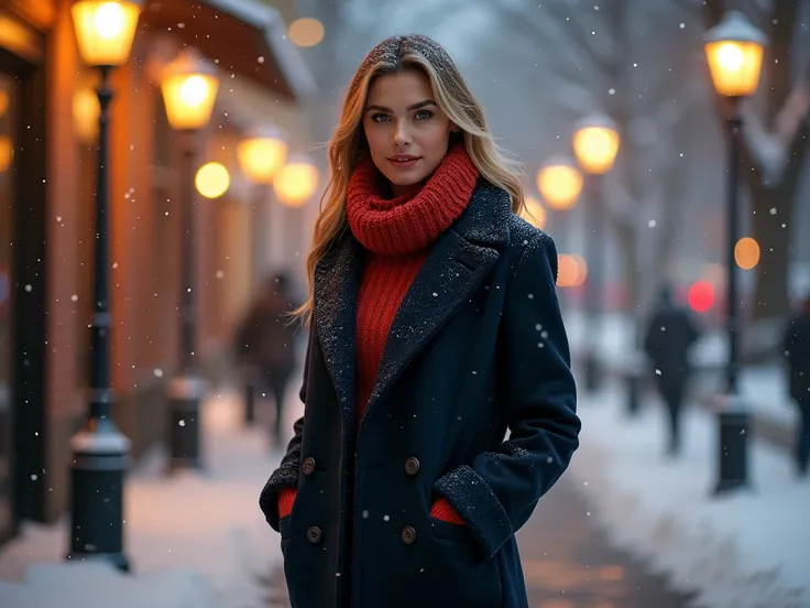 A stylish woman in a navy wool coat and turtleneck, standing under glowing streetlights on a snowy winter night, accessorized with a scarf and gloves.