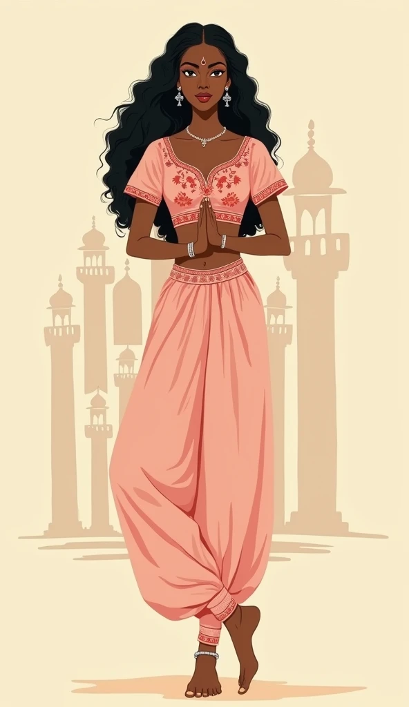 minimalist vintage magazine illustration, 1950s, front view, full body portrait of a gorgeous slim busty punjabi young girl posing, dark brown skin, full lips, indian ornaments, curly long black hair, indian palace outline background,, indian pink blouse w...