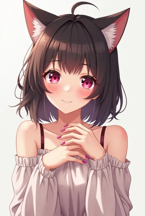 Pretty teenage girl with cat ears wearing cold blouse with pink nails looking like cats claws, not anime style, ela é fofa e tem a bochecha rosada, com maos normais