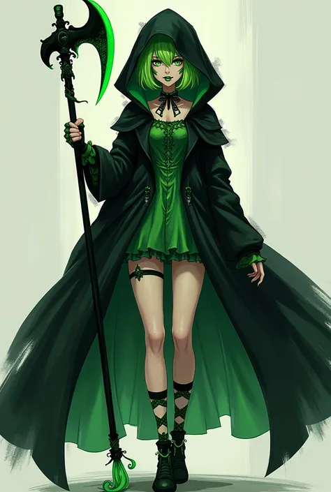 Create a female character,  short green hair ,  green and black clown face ,  green eyes, Green lipstick , with a black hood,  outfit holding a green and black sickle,  And a green and black outfit for anime feet 