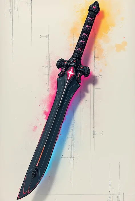 colorful sketch drawing, simple sketch, simple lines, Dark-colored futuristic cyber katana